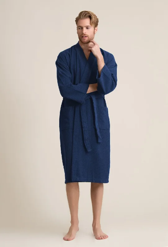 100% Cotton Waffle Weave Navy Men's Spa Bathrobe