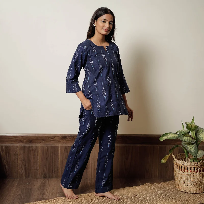 Blue - Pochampally Ikat Cotton Top & Pyjama Night Suit Set 07