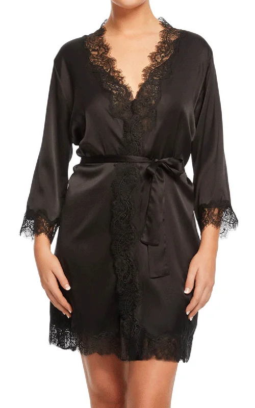 Sainted Sisters 100% Silk Robe with Lace in Black L65002