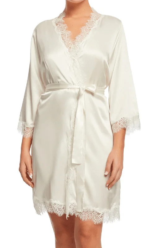 Sainted Sisters 100% Silk Robe with Lace in Ivory L65002