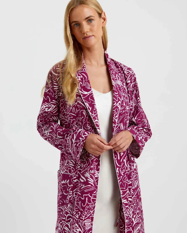 Women's Brushed Cotton Dressing Gown - Berry Abstract