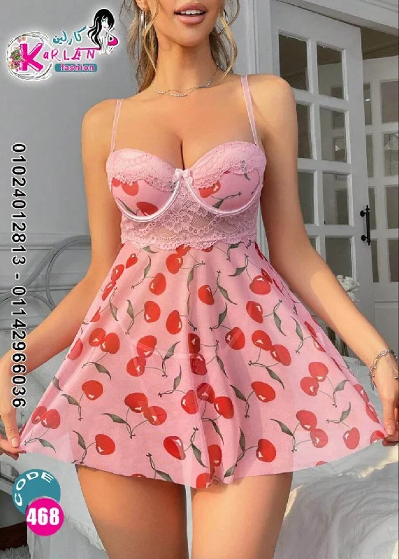 Women's Cute Cherry Print Lace Trim Ruffle Hem Sleeveless Nightgown Chemise