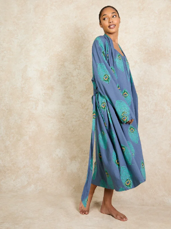 Womens Linen Mix Robe Navy Peacock