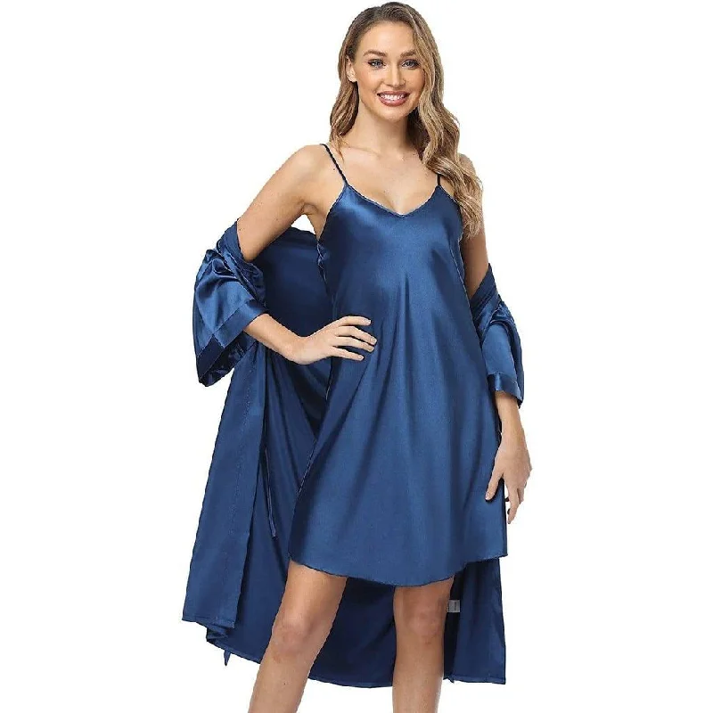 Womens Luxury Solid Silk Nightgown And Robe Set Half Sleeves 100%  Silk Sleepwear Bathrobe With Nightgown