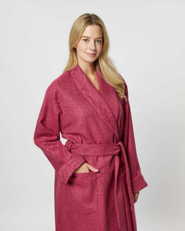 Women's Silk-Lined Wool Robe - Pink Herringbone