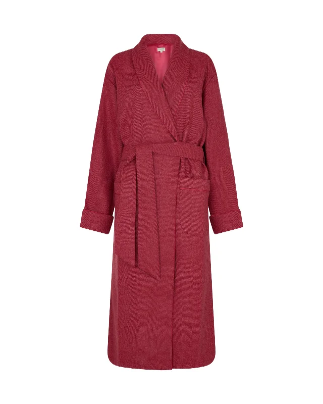 Women's Silk-Lined Wool Robe - Pink Herringbone