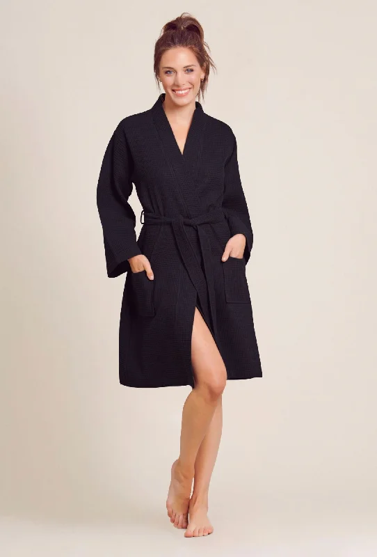 Black Kimono Waffle Robe - Women's Bath SPA Robe - Lightweight Cotton & Polyester Blend