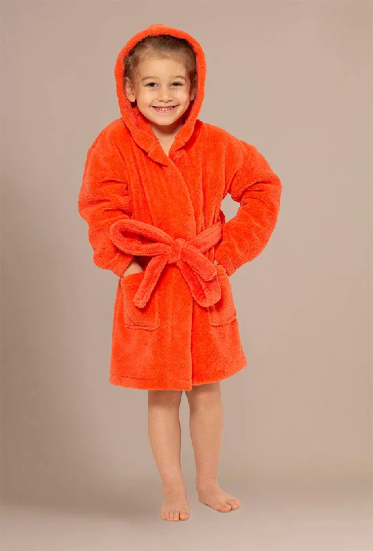 Boys Hooded Coral Robe of Plush Microfleece. Soft, Warm with 2 Pockets & Belt