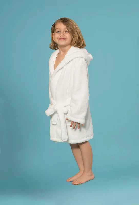 Boys Hooded White Robe of Plush Microfleece. Soft, Warm with 2 Pockets & Belt