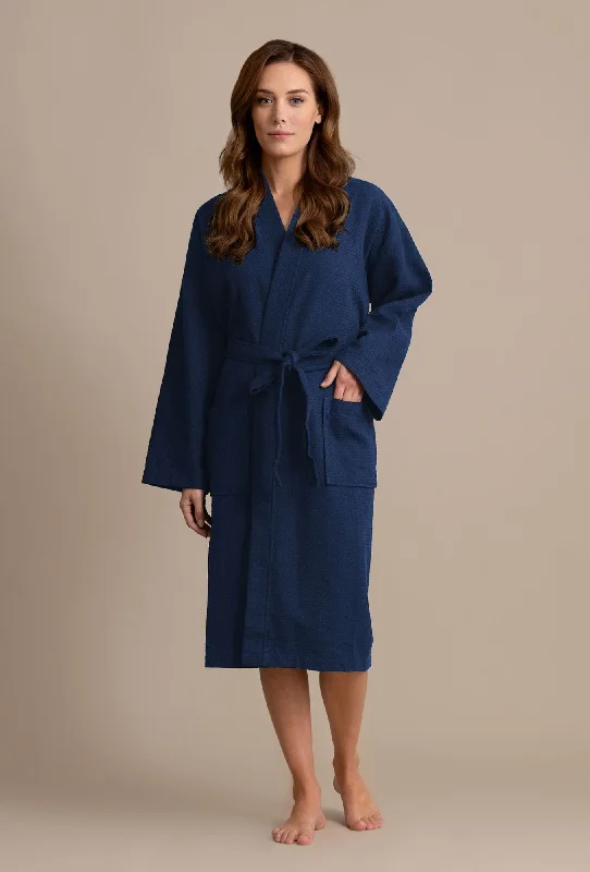 Luxurious 100% Cotton Women's Waffle Robe. Long, Lightweight Navy