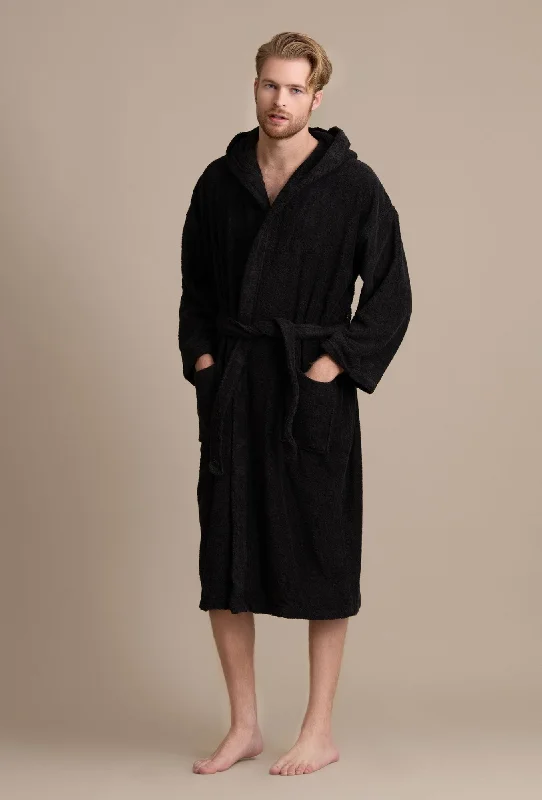 Men's Hooded Robe, Turkish Cotton Terry Hooded Spa Black Bathrobe