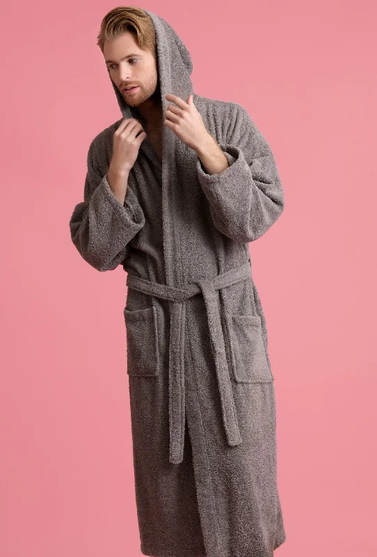 Men's Hooded Robe, Turkish Cotton Terry Hooded Spa Gray Bathrobe