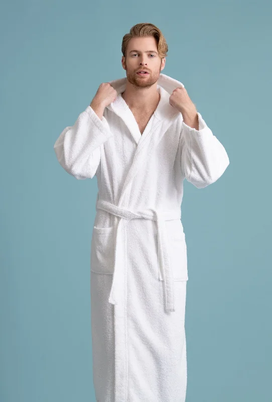 Men's Hooded Robe, Turkish Cotton Terry Hooded Spa White Bathrobe