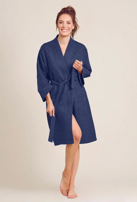 Navy Kimono Waffle Robe - Women's Bath SPA Robe - Lightweight Cotton & Polyester Blend