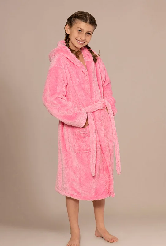 Pink Girls Cute Hooded Robe Soft, Absorbent, Warm. Plush Microfleece 2 Pockets & Belt