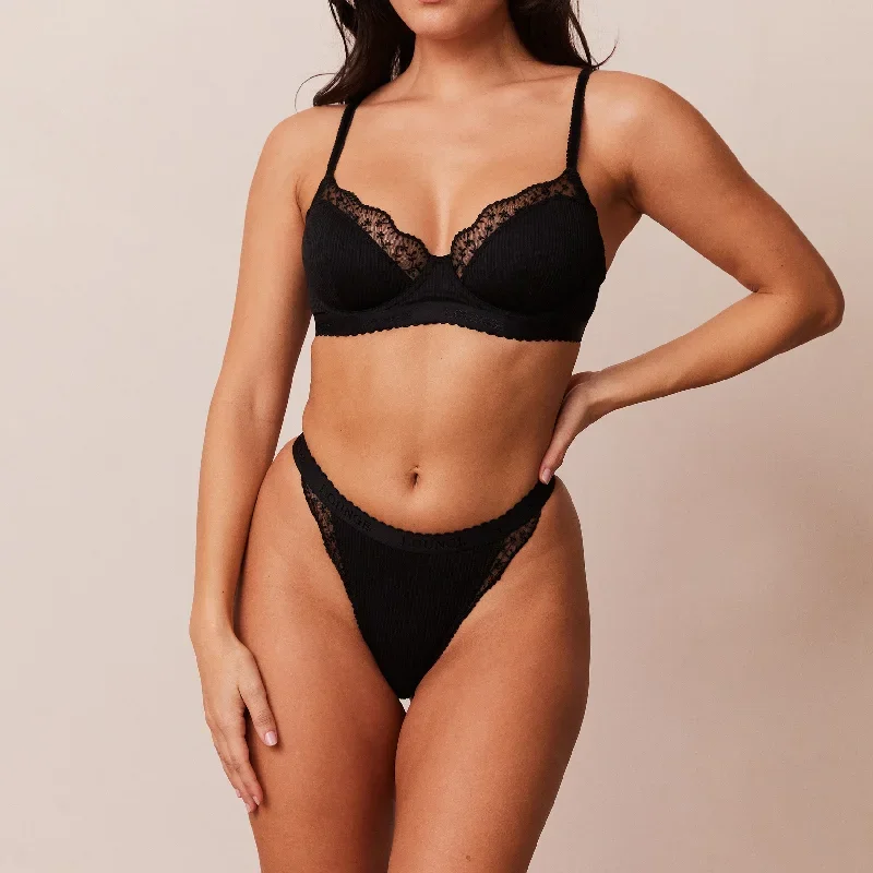 Ribbed Balcony Bra  - Black