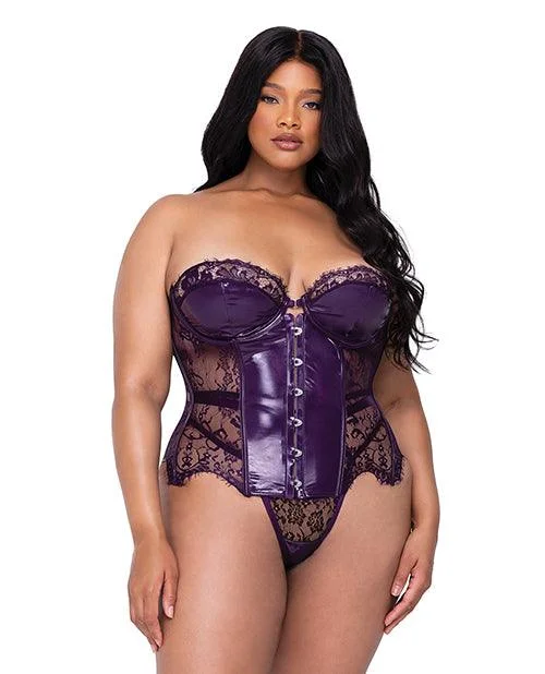 Sugar Plum Scalloped Eyelash Lace & Faux Leather Bustier W/steel Boning & Thong Purple