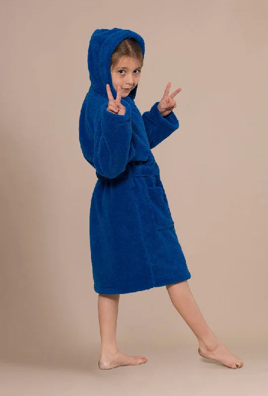 Royal Blue Girls Cute Hooded Robe Soft, Absorbent, Warm. Plush Microfleece 2 Pockets & Belt