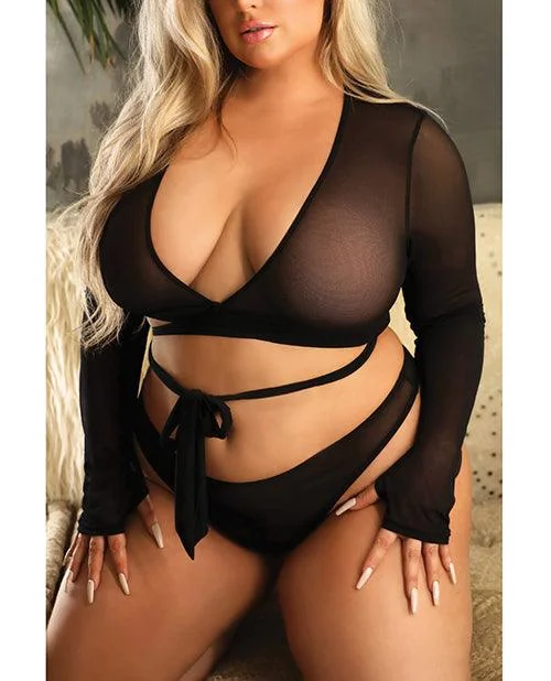 Vixen No Regrets Mesh Long Sleeve Wrap Top & Thong Black Qn