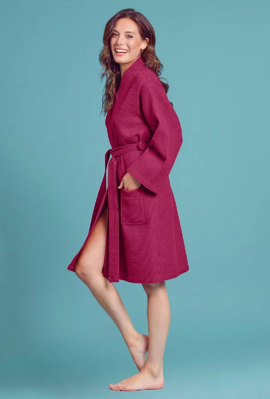 Wine Red Kimono Waffle Robe - Women's Bath SPA Robe - Lightweight Cotton & Polyester Blend